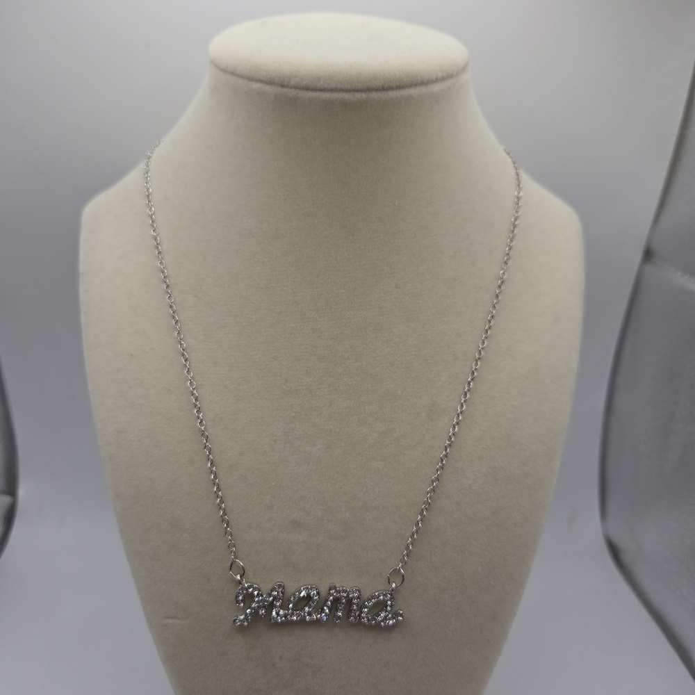 Womens Mama Personalized  Silver Chain Cubic Zirconia Crystals Necklace
